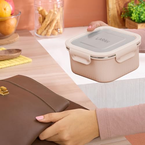 Image of Larah by BOROSIL Freshbyte Food Storage Container with Airtight Stainless Steel Lid | Fridge Container for Lunchbox | Food Grade | Microwave Safe (Beige, 800 ml, Square)