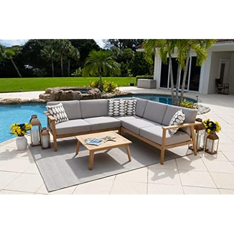 Laguna 4-Piece Eucalyptus Wood Outdoor Patio Conversation Sectional Set w/3-Piece Sectional and Coffee Table Cover