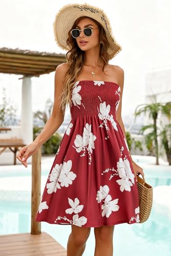 Image of Summer Dresses for Women Strapless Sundress Floral Print Beach Cover Ups