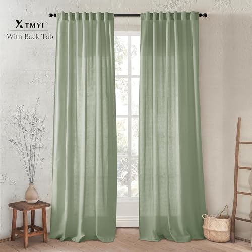 Image of XTMYI Sage Green 90 Inches Long,50 Inches Wide Country Curtains for Living Room,Sheer Linen Curtains for Bedroom