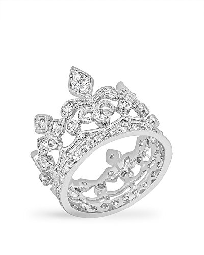 Rhodium Plated Crown Style Eternity Ring Featuring Milgrain Accents & Pave Round Cut Clear Cubic Zirconia