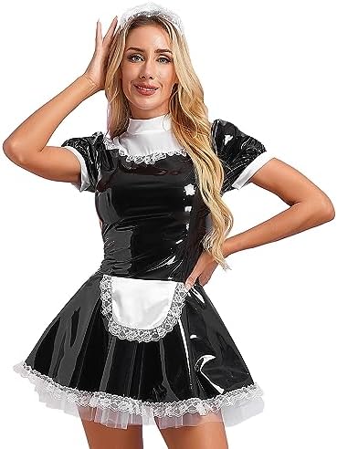 ACSUSS Women's Wet Look PVC Leather French Maid Cosplay Costume Mini Dress with Lace Headband