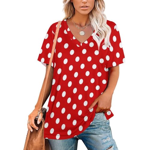 Juiimr Red and White Polka Dot Women's V Neck T Shirts Tops Shirts Short Sleeve Shirts Gift, 3X-Large