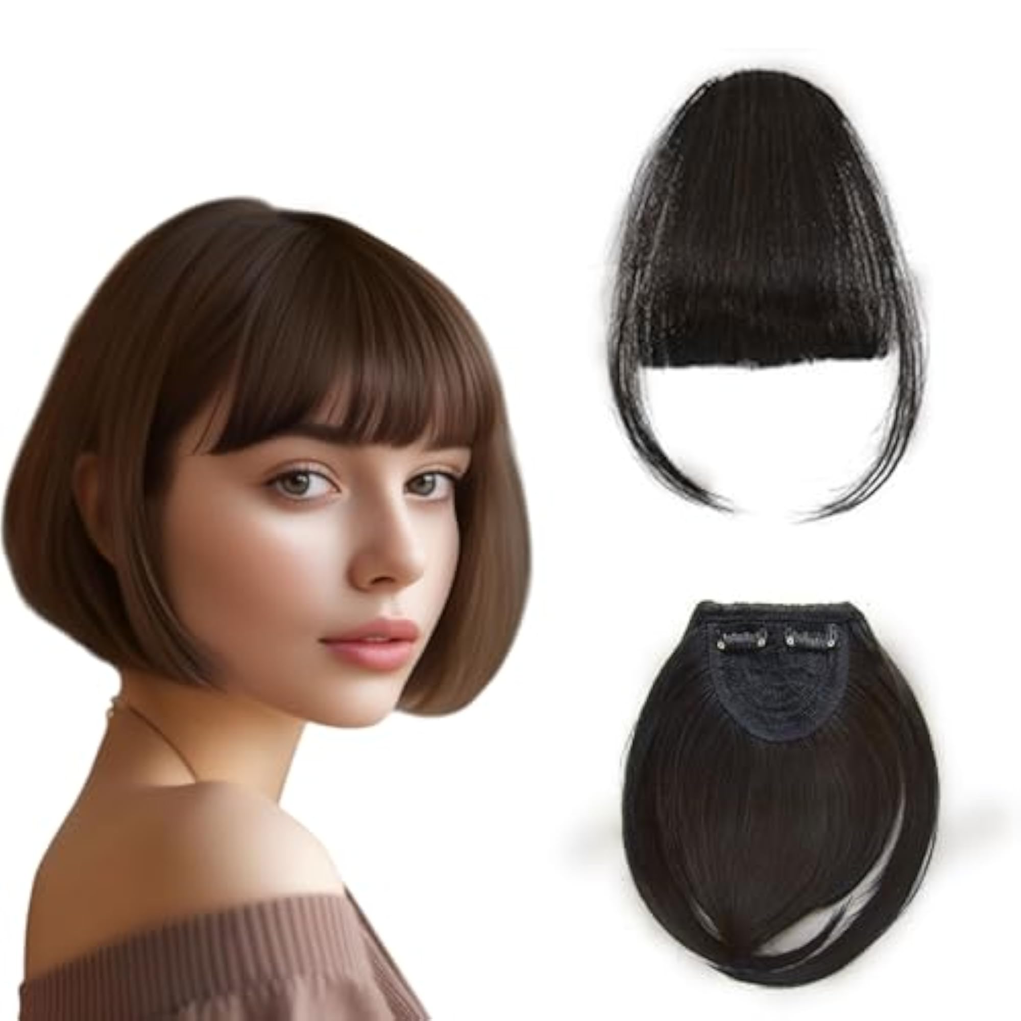 Brown Double Clip in Bangs for Women, Synthetic Hair