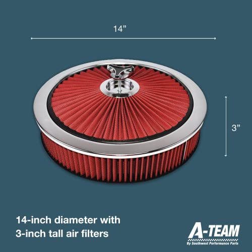A-Team Performance - High Flow Replacement Air Cleaner Assembly W/Flow-Thru Lid Washable And Reusable Round Air Filter Element Kit With Star Wing Nut - Compatible With Chevrolet Gmc Ford 14"X3" Red #TOP6