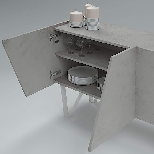 Mobili Fiver, Emma 4-Door Sideboard With White Legs, Concrete Grey, Made In Italy #TOP4