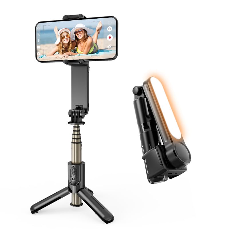 Estabilizador de Movil, Estabilizador de Cardán con Luz de Relleno para Video de Vlog/Youtube/TikTok con Inalámbrico rotación automática de 360°,para Android y iOS