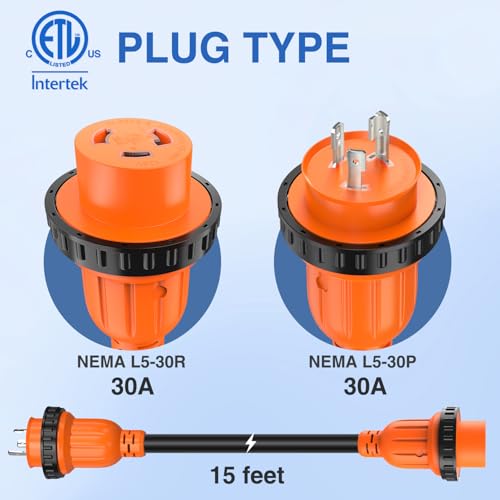 Image of Nilight 30 Amp 15FT Generator Extension Cord 3 Prong Shore Power Cords with Locking Waterproof NEMA L5-30P L5-30R Cable Heavy Duty 10AWG ETL Listed for RV Marine Boat Generators Outdoor Use