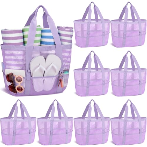 Image of Hillban Large Beach Mesh Bags Bulk for Women Beach Tote Bag with 8 Pocket Zipper Waterproof Sandproof for Pool Cruise Ship