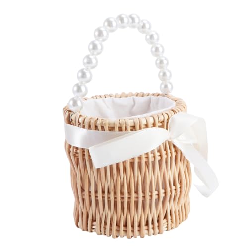 BESTOYARD Round Straw Woven Handbag with Pearl Chain - Stylish Vacation Purse for Parties Beach and Shopping
