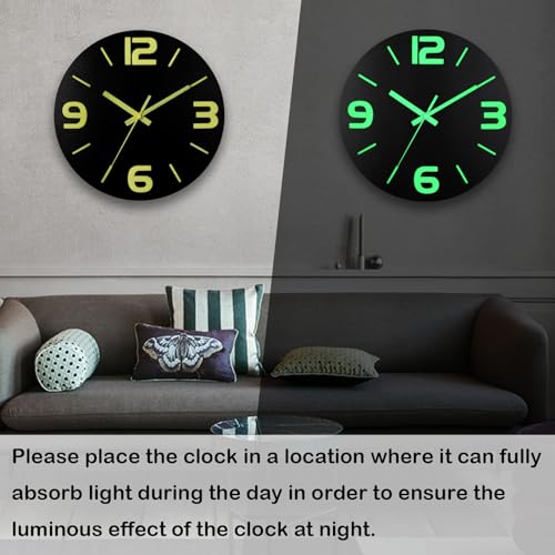 Image of HZDHCLH Wood Wall Clock Glow in The Dark,Luminous Wall Clocks with 3D Numbers,Decorative Wall Clock Battery Operated for Bedroom Kitchen Living Room Office (Black)