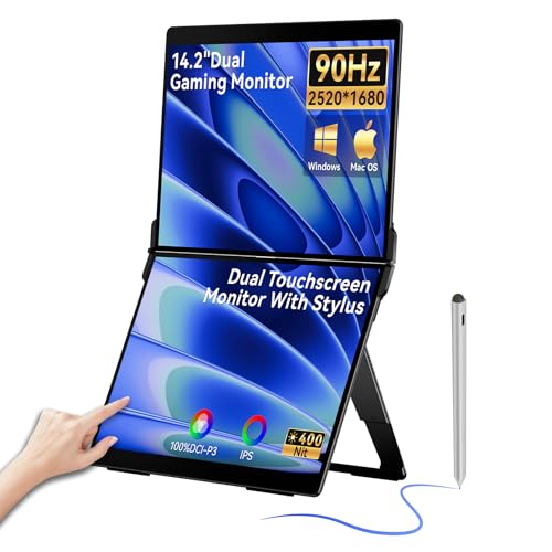 Image of EHOMEWEI X2 Air 2.5K Portable Dual Touchscreen Monitor with Stylus Pen 90Hz 14.2 inch*2 IPS 2520 * 1680, 400 Nit Brightness, 100% sRGB, for Office /Home /Travel, for Mac /Laptop /Smartphone Extender Screen