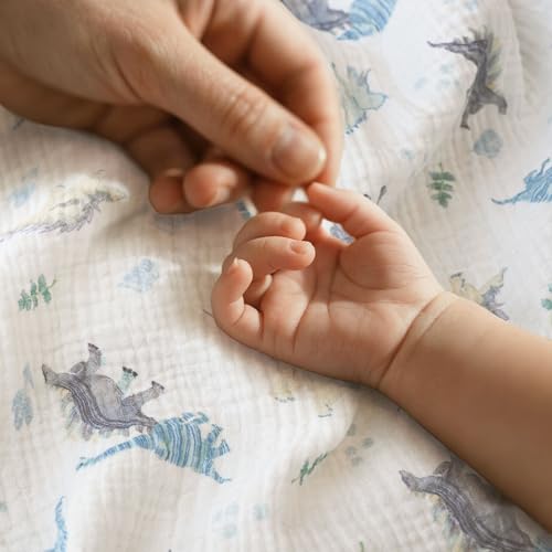 Image of Muslin Swaddle Blankets for Newborn, 3 Pack Breathable Soft Receiving Blanket, Large 38 x 40 inches Swaddle Wrap Burping Clothes Diapers, Essentials Infant Shower Items, Toddler Gift (Blue Dinosaur)