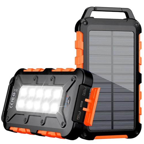 Solar Powerbank 10000mAh, PD15W Tragbare Solar Ladegerät mit Solarpanel USB C Externer Akku Outdoor Wasserdichtes mit LED Taschenlampe und 3 Ausgängen für Camping, Smartphones, Tablets und Mehr