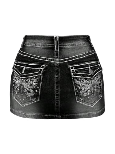 Floerns Women's Y2k Butterfly Denim Skirts Low Waist Stretch Bodycon Mini Skirt