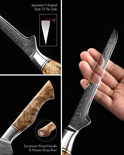 Hezhen 6 Inch Boning Knife 67 Layer Damascus Steel Boning Knife-Fillet Knife Flexible Kitchen Knives-10Cr15Comov Steel Core Blade For Poultry And Fillet Fish-Figured Sycamore Wood Handle-Gift Box #TOP4