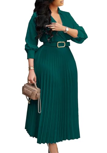 Image of Famnbro Womens Pleated Dress V Neck Long Sleeve A line Church Formal Works Business Dresses with Belt