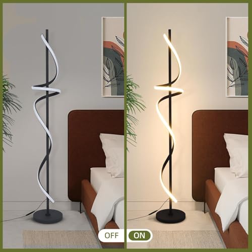 Image of Decor Chronicle Black Modern Floor Lamp, Spiral Rod Design with 3 LED Modes (Warm, Neutral, Cool), Elegant Standing Lamp for Bedroom, Living Room, or Home Interior