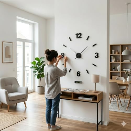 Image of RAPAL Frameless DIY Wall Sticker Clock (55 x 55 cm) - Decorative 3D Number Stickers for Living Room and Bedroom (DIY5 dhamo)