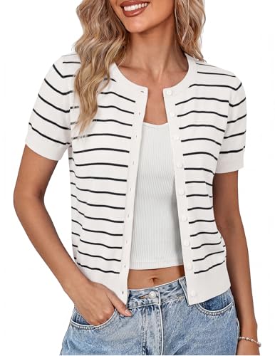 Image of GRACE KARIN Women Short Sleeve Cardigan, 2026 Summer Knitted Sweater Tops, Basic Crew Neck Crop Outfits