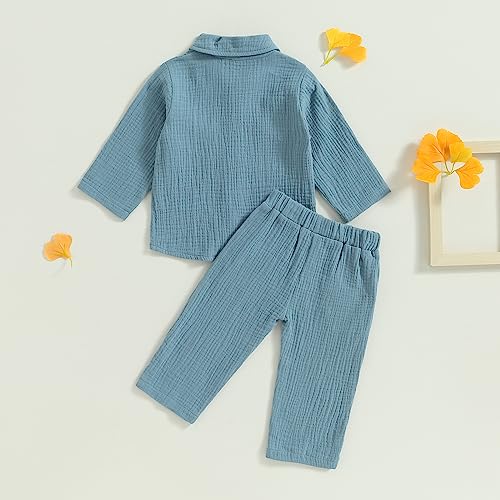 Image of VISGOGO Toddler Boy Linen Outfit Baby Boy Fall Winter Clothes Set Button-Down Shirt Tops Cotton Linen Pants 2PCS