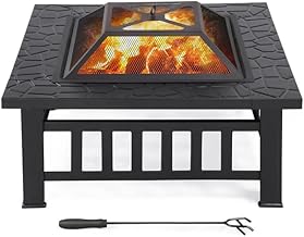 Abician Outdoor Metal Fire Pit Fire Pit Square Garden Fire Pit with Lid and Poker for Camping, Pool, Patio, Garden, Party, 81.3 x 81.3 x 50 cm, Black