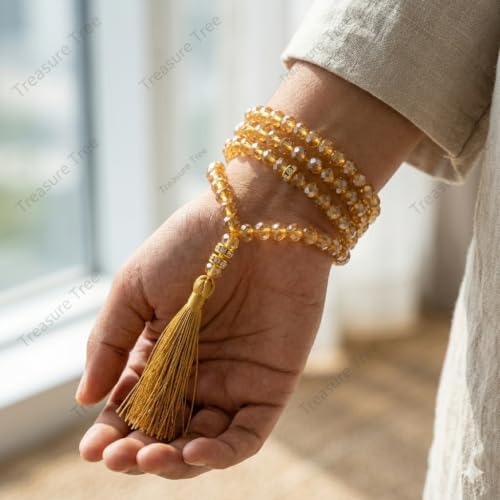 Image of Islamic Salat Prayer Tasbih - 100 Crystal White Beads - Tasbeeh for Dhikr, Zikr, and Meditation (Golden)