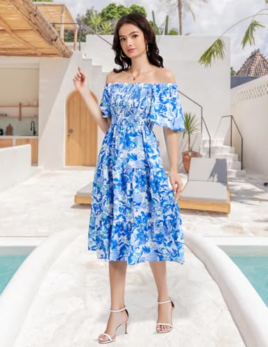Image of Bbonlinedress Womens Casual Floral Summer Smocked Beach Party Boho Midi Square Neck Dress