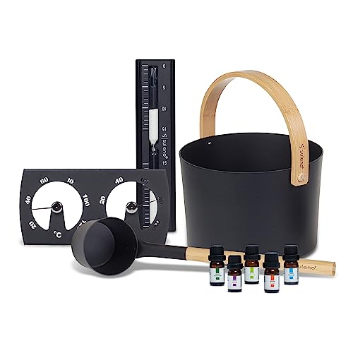 SULENO -Saunazubehör-Set KJELL 9-teilig | inklusive Aluminium-Aufgusskübel & Schöpfkelle mit Bambusgriff, Sauna-Thermometer & Hygrometer, Sanduhr & 5 Saunaöle