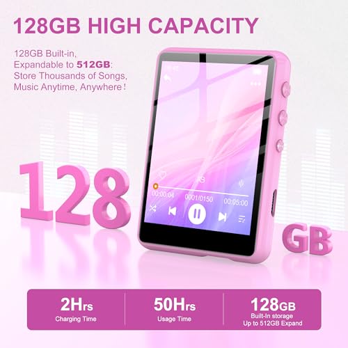 Image of SWOFY 128GB MP3 Player with Bluetooth 5.4, 2.4 inch Portable HiFi Music Player with FM Radio,HD Speaker,E-Book, Support up 512GB Earphones Included for Travel, Gym, Hiking, Sports Running- Pink