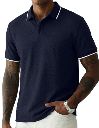 Image of JMIERR Mens Casual Polo Shirt Short Sleeve Vacation Button Summer Beach Knit Stretchy Golf Shirts