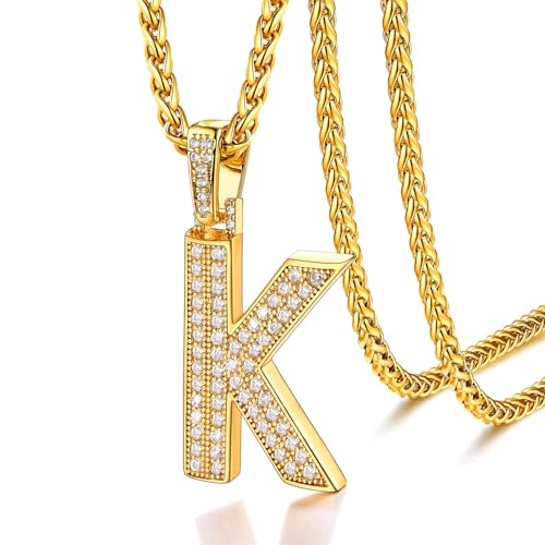 U7 Gold Initial Number Necklace for Men Women, 18K Gold/Silver Plated Diamond CZ Letter Pendant Necklace Big A-Z 0-9 Hip Hop Jersey, Customerized Lett