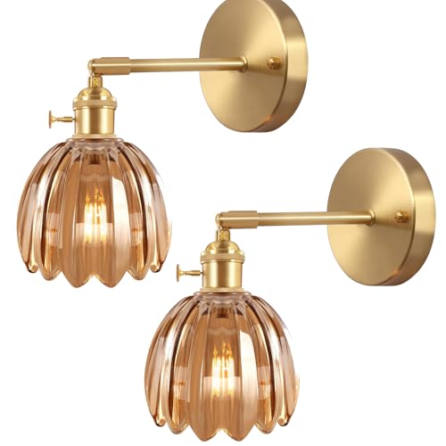TOKTOP Lot de 2 Aplique de Pared Interior con Interruptor, Abat-jour de Vidrio, Lámpara de Pared con Flor, Luminaria, Aplique para Baño, Salón, Dormitorio, Cocina, Ámbar