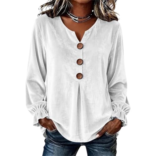 Image of White Velvet Tops for Women Button Up V-Neck Long Sleeve Pullover T-Shirts
