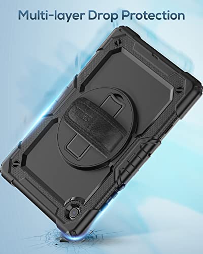 Seymac Samsung Galaxy Tab A8 Case 10.5 Inch (Sm-X200/ X205/ X207), Heavy Duty Full-Body Shockproof Protective Case With Screen Protector, Rotating Stand, Hand/Shoulder Strap And Pencil Holder, Black #TOP6