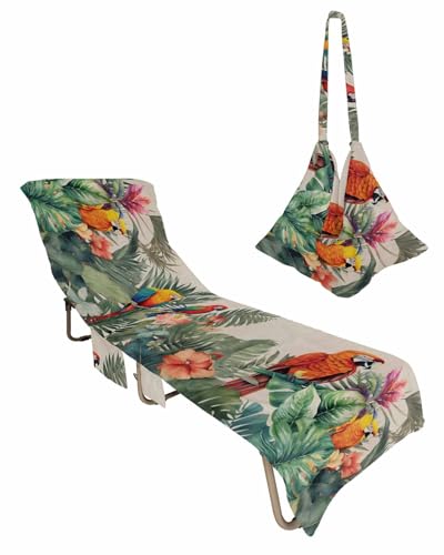 Summer Botanical Beach Lounge Chair Towel Cover, Soft Chaise Lounge Towel with Side Pockets Patio Pool Chairs Cover for Beach/Pool Sunbathing 29x85 Tropical Plants Birds Farmhouse