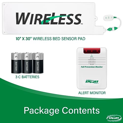Image of Smart Caregiver Wireless Bed Alarm System - Cordless Weight Sensing Bed Alarm Pad (10 inch x 30 inch) with Remote Alert Monitor, Free Individual Cleaning Wipes and Liberty 7 Day Pill Box