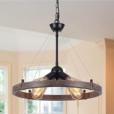 ZemSum Wagon Wheel Chandelier Light Fixture, 17.7” 4 Lights Black Farmhouse Chandelier for Dining Room, Rustic Round Chandelier for Living Room Entryway Foyer Bedroom Kitchen, Wood Grain Finish
