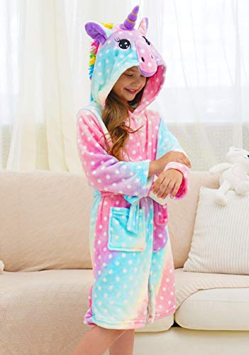 Doctor Unicorn Soft Unicorn Hooded Bathrobe Dots Sleepwear - Unicorn Gifts For Girls (Pink Blue Rainbow, 7-9 Years) #TOP1