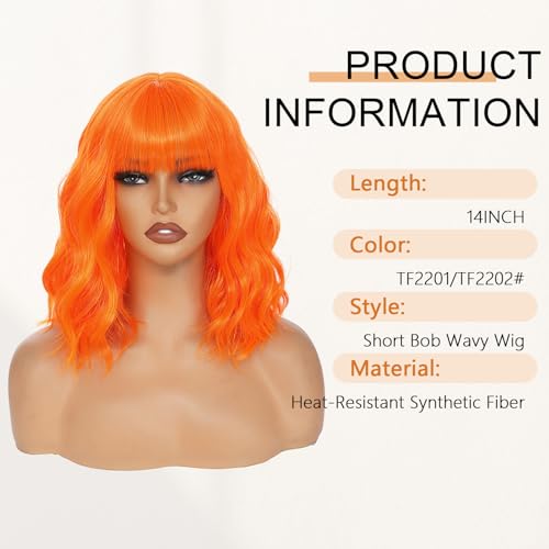 Image of AGO Orange Wig with Bangs Ginger Wigs Short Wavy Hair for Women Colorful Costume Wig Heat Resistant Fiber Wigs for Daily Party Halloween Cosplay Use(TF2202#Orange)