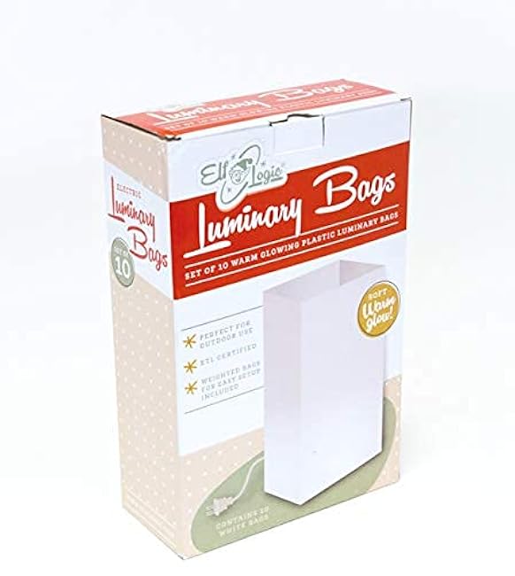 Elf Logic - Set of 10 Electric Luminary Bags (Incandescent Lights) - Plug in and Weatherproof Vellum Luminary Pathway Lighting - Reusable Luminary Bags - Perfect Outdoor Luminary Lights