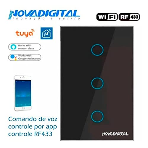 Interruptor Inteligente NovaDigital Touch Wi-Fi 3 Botões Preto - Alexa