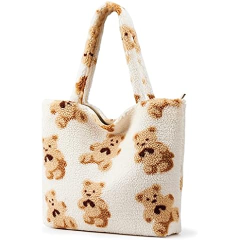 KALIDI Fluffy Tote Bag with Zip, Large Shoulder Bag for Women Girl, Plush Bear Cute Handbag for School College Daily Use Cover