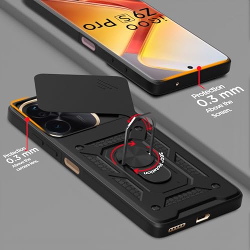 Image of Pikkme D10 Tough Armor Bumper Case | 360 Protection Case | Sliding Camera Shield Cover & Ring Holder Stand Back Cover for Vivo T3 Pro 5G / iQOO Z9s Pro 5G (Black)