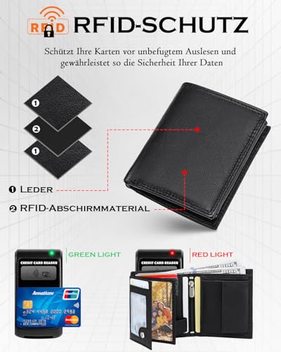 FOMAX Geldbörse Herren Leder Klein Portmonee Echtleder, Geldbeutel mit RFID Schutz, 11 Kartenfächer Hochformat Portemonnaie mit Münzfach, Schwarz