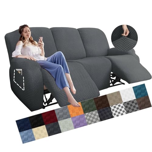 Image of YEMYHOM 8 Pieces Stretch Recliner Sofa Cover Jacquard Reclining Couch Cover with Side Pocket Anti-Slip Fitted 3 Cushion Furniture Slipcovers with Elastic Bottom (Sofa Recliner, Dark Gray)