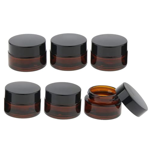 6Pack Amber Glass 5 ml 1/6 oz Small Thick Wall Round Jars Vials Pot Cosmetic Bottle Face Cream Containers With Black Lids For Lotion Make Up Nail Salve Ointment Sample Balm