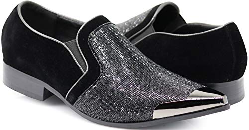 Enzo Romeo Crisiano Men Rhinestone Chrome Toe Suede Pointy Dress Loafer Slip On Shoes (9.5 D(M) US, Black)