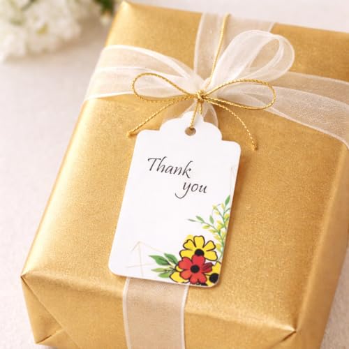 Image of CVANU Floral Thank You Gift Tags (Set of 150), Elegant Flower Design (D14) Hanging Tags with Gold String for Wedding Return Gifts & Small Business Packaging (2.85 x 1.7 Inch)