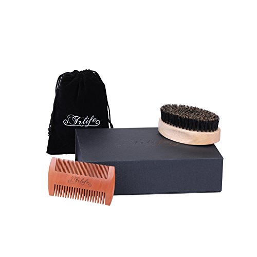 TRLIFE Beard Brush and Comb Set Kit for Men Boar Bristles Beard with Thick & Thin Teeth Grooming Handmade Peach Wood Pocket Beard Brush and Mustache for Shaving Styling With Gift Box and Carrying Bag